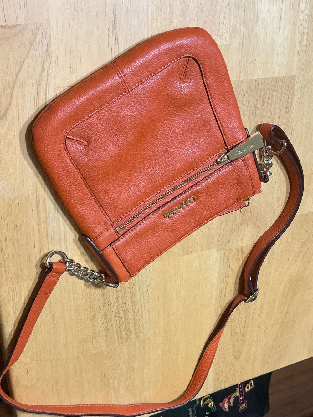 Calvin Klein Orange Leather Crossbody with Chain Strap